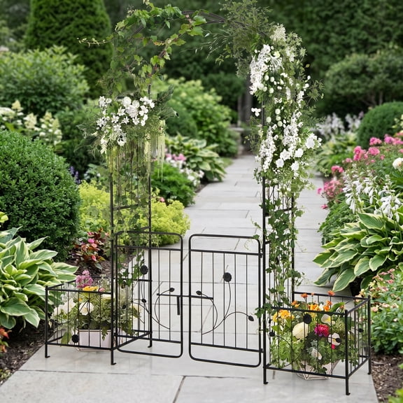 Kadyn Outdoor Decor,87 Inches Garden Arbor with Lockable Gate Side Planters-Black
