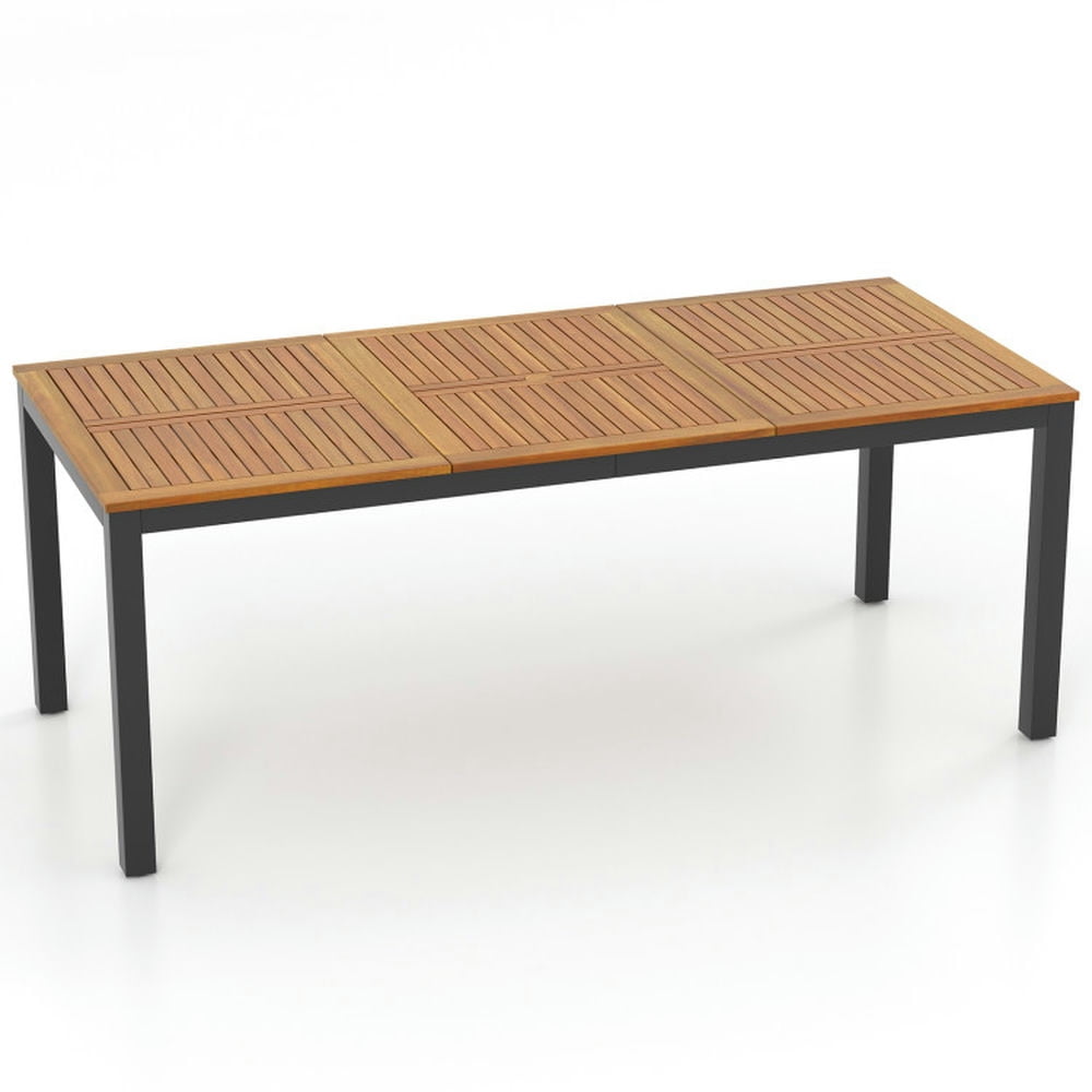 79" Natural Acacia Wood and Black Metal Outdoor Dining Table with Umbrella Hole