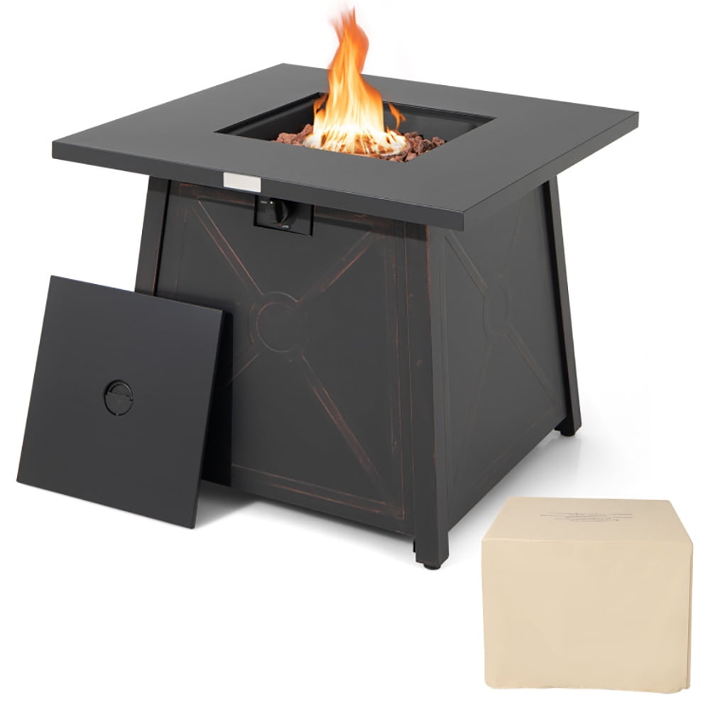 Black Steel 30-Inch Square Gas Fire Pit Table with Cover