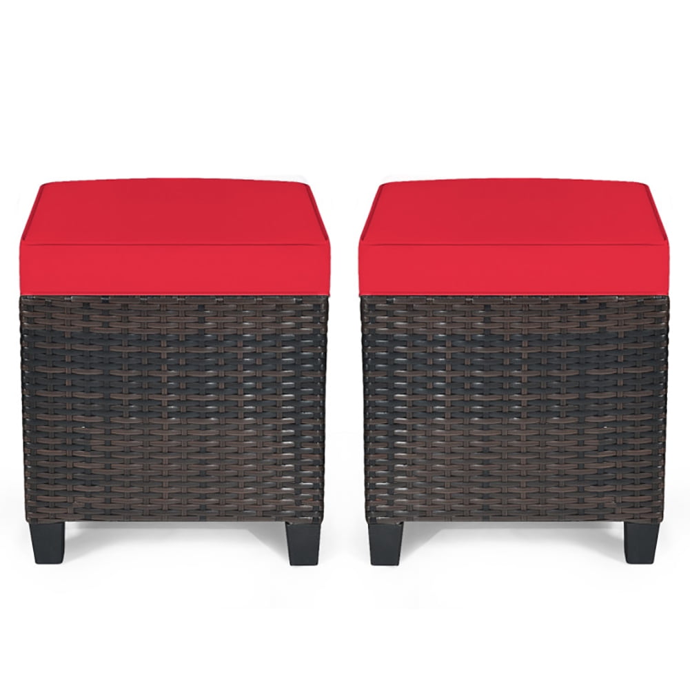 Kadyn Outdoor Footstool Footrest Furniture,Patio Wicker Ottoman, 2 Pieces Patio Rattan Ottoman Set with Removable Cushions-Red