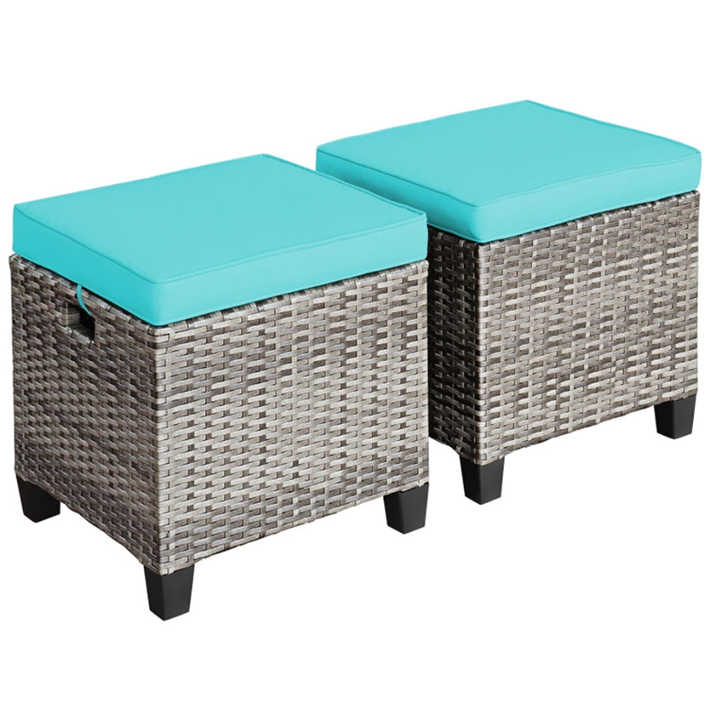 Kadyn Outdoor Footstool Footrest Furniture,Patio Wicker Ottoman, 2PCS Patio Rattan Wicker Ottoman Seat with Removable Cushions-Turquoise