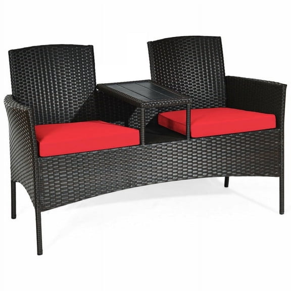 Kadyn Outdoor Loveseat Patio Conversation Set, Porch Furniture Rattan Charis Loveseat with Built-in Coffee Table and Cushion, Space Saving Wicker Patio Bench for Poolside Balcony Backyard, Red