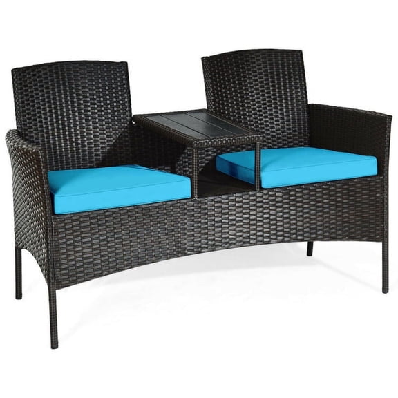 Kadyn Outdoor Loveseat Patio Conversation Set, Porch Furniture Rattan Charis Loveseat with Built-in Coffee Table and Cushion, Space Saving Wicker Patio Bench for Poolside Balcony Backyard, Turquoise