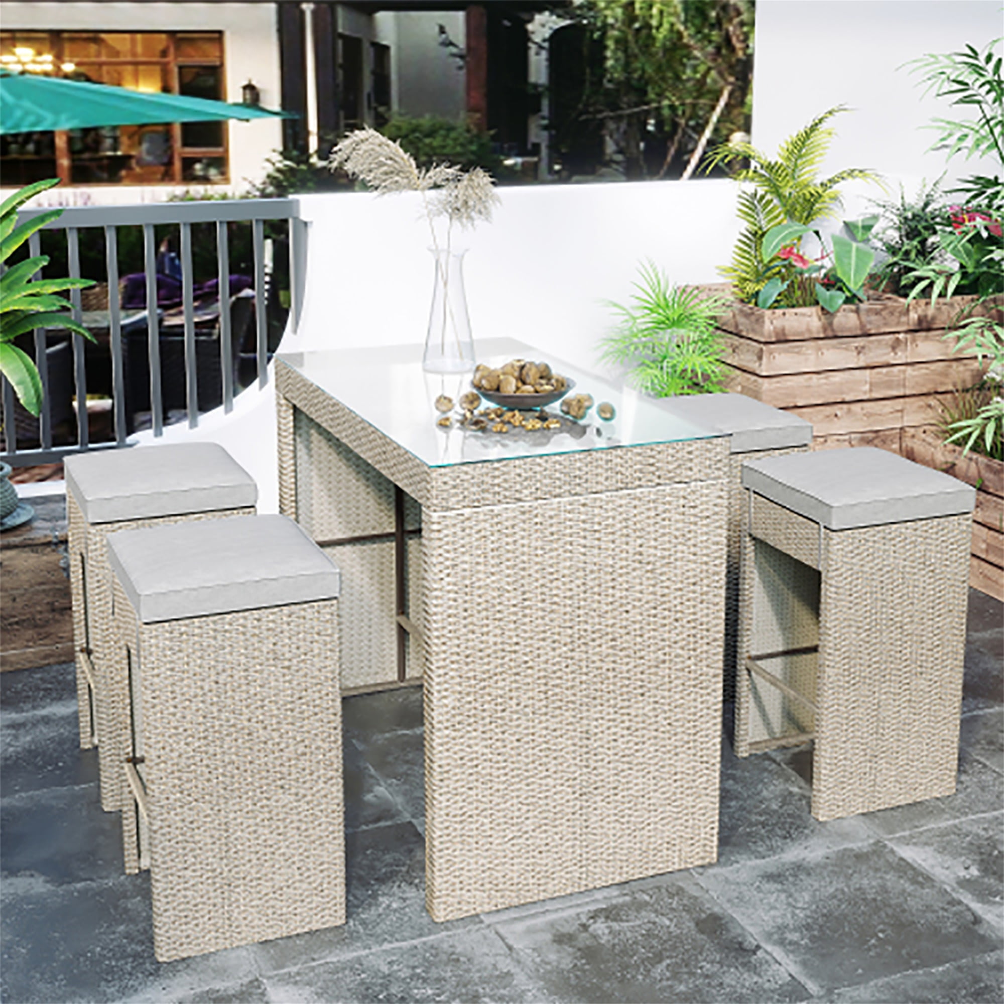 Kadyn Outdoor Patio 5-Piece Rattan Dining Table Set, PE Wicker Bar Furniture Set with with 4 Stools, Brown Cushion+Brown Wicker (Brown + Rattan) Kadyn Outdoor Patio 5-Piece Rattan Dining Table Set, PE Wicker Bar Furniture Set with with 4 Stools, Brown Cushion+Brown Wicker (Brown + Rattan)