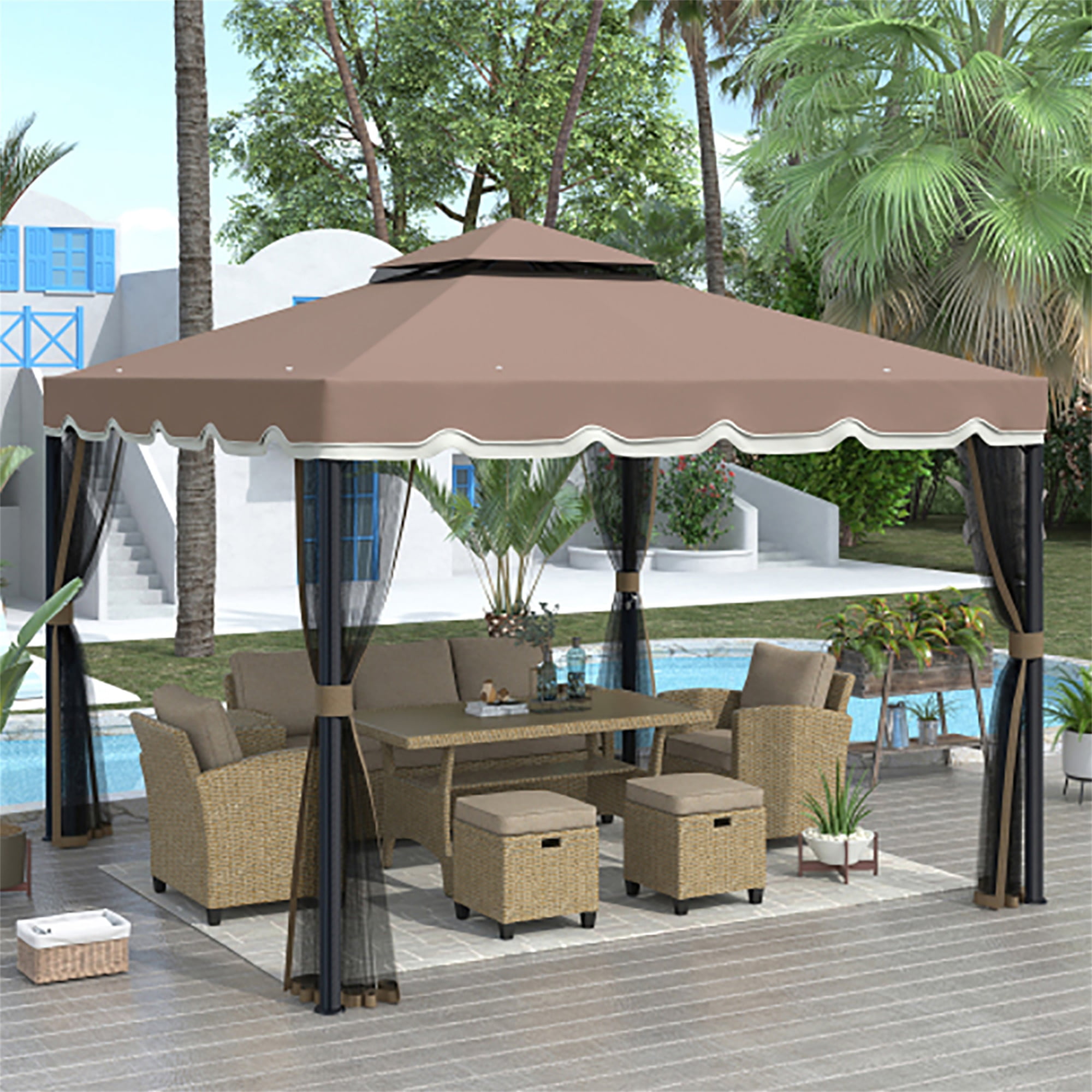 Kadyn Outdoor Patio Gazebo with Mesh Cover and Iron Ventilated Dome for Backyard, Poolside and Deck, UV Resistant (UPF 50+)/Flame Retardant, 9.8 ft W x 9.8 ft L, Brown Kadyn Outdoor Patio Gazebo with Mesh Cover and Iron Ventilated Dome for Backyard, Poolside and Deck, UV Resistant (UPF 50+)/Flame Retardant, 9.8 ft W x 9.8 ft L, Brown