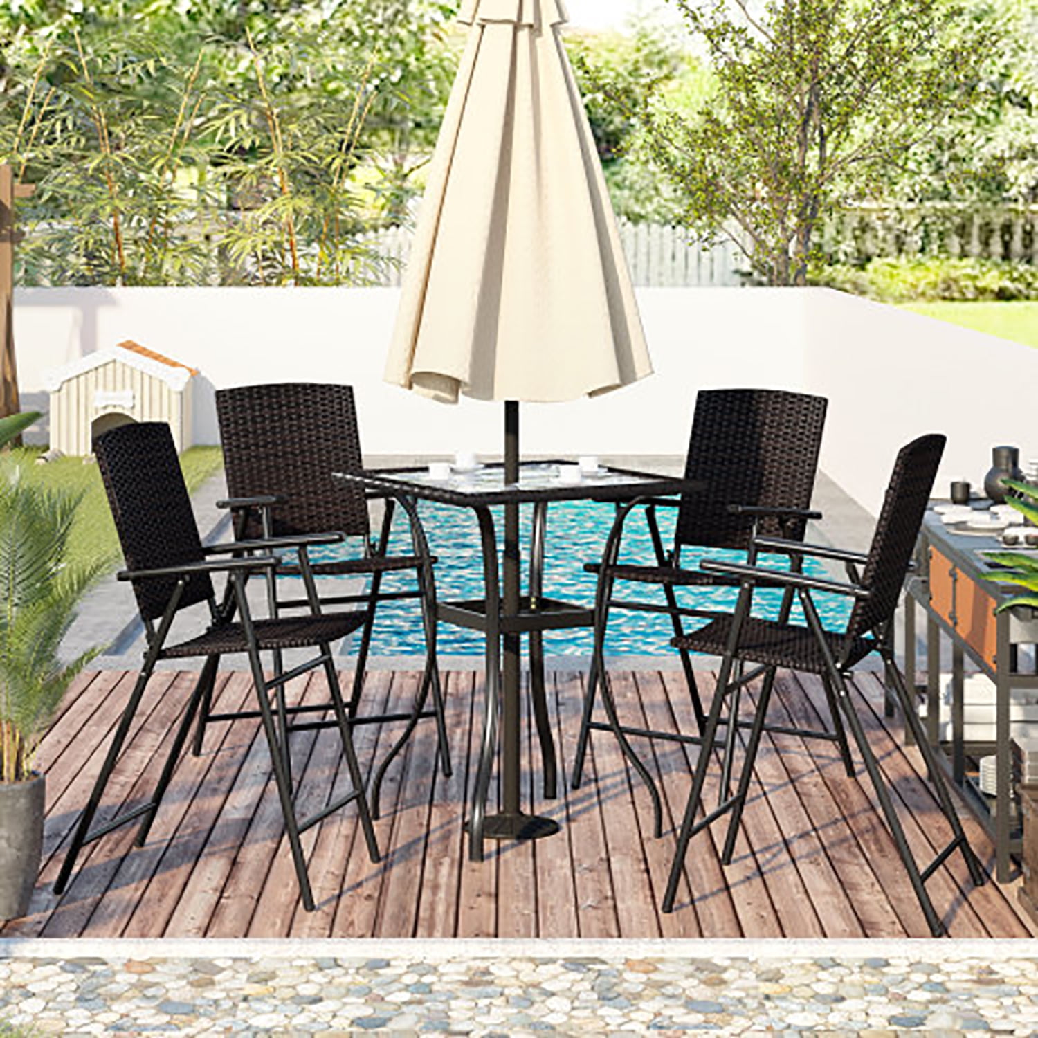 Kadyn Outdoor Patio PE Wicker 5 Piece Counter Height Dining Table Set with Umbrella Hole and 4 Foldable Chairs, Dining Table Set Glass Dining Table Set, Brown