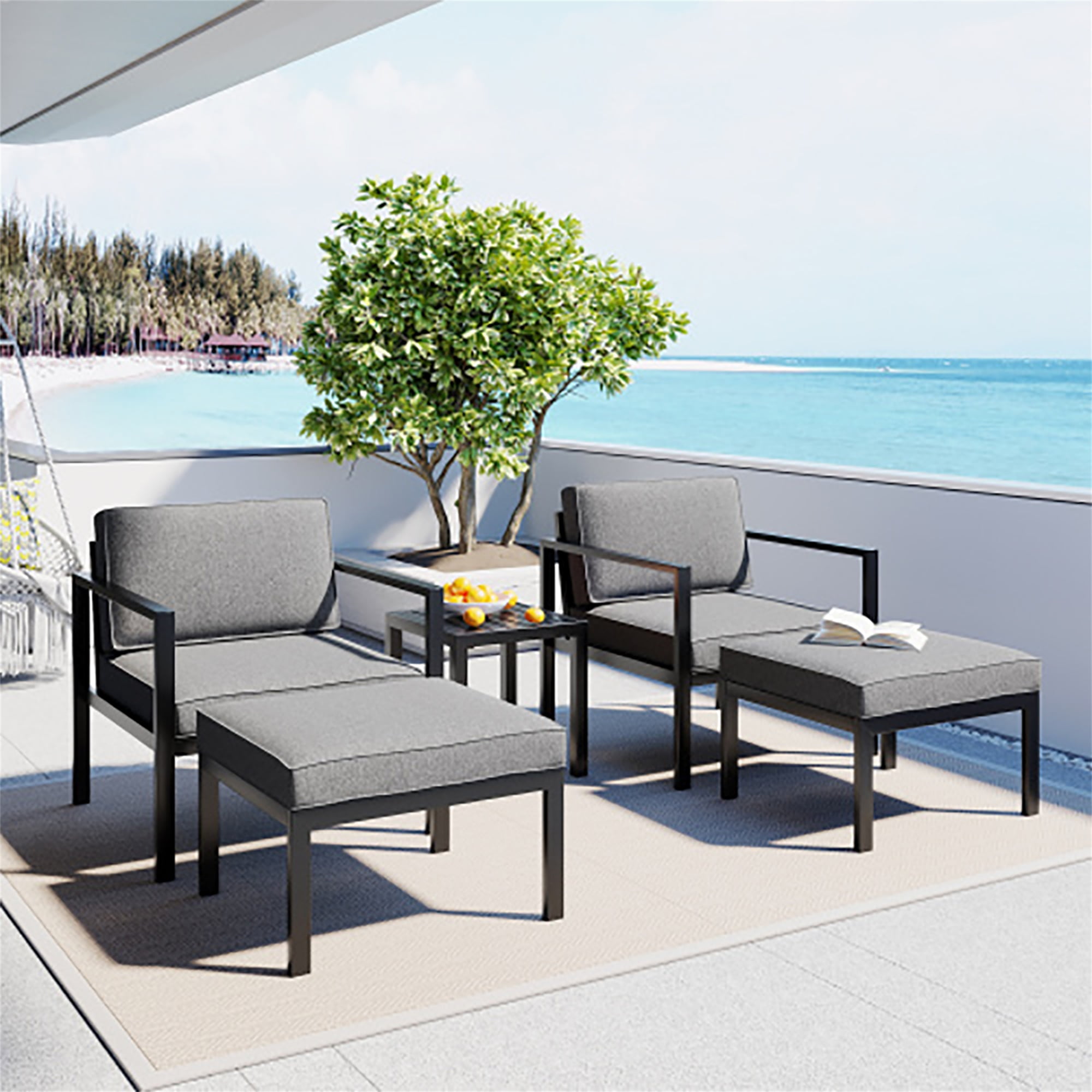 Kadyn Outdoor Patio Sofa Sectional, 5 Piece Aluminum Conversation Sofa Set with Coffee Table and Stool, Black Frame + Gray Cushions Kadyn Outdoor Patio Sofa Sectional, 5 Piece Aluminum Conversation Sofa Set with Coffee Table and Stool, Black Frame + Gray Cushions