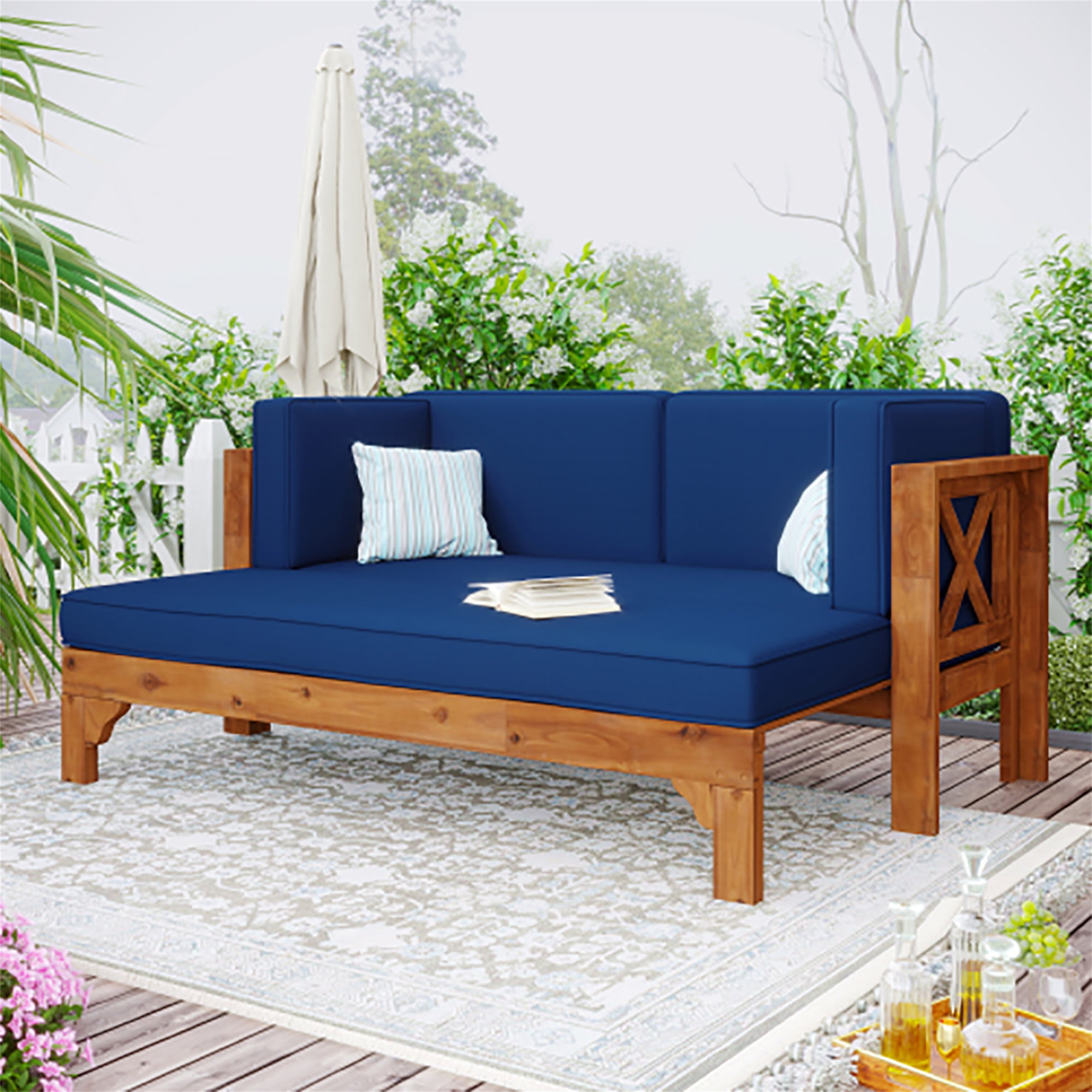 Kadyn Outdoor Patio Stretch Solid Wood Sofa Set Combo Furniture, Patio Furniture Sofa, Ottoman with Thick Cushions, Brown Finish + Blue Cushions Kadyn Outdoor Patio Stretch Solid Wood Sofa Set Combo Furniture, Patio Furniture Sofa, Ottoman with Thick Cushions, Brown Finish + Blue Cushions