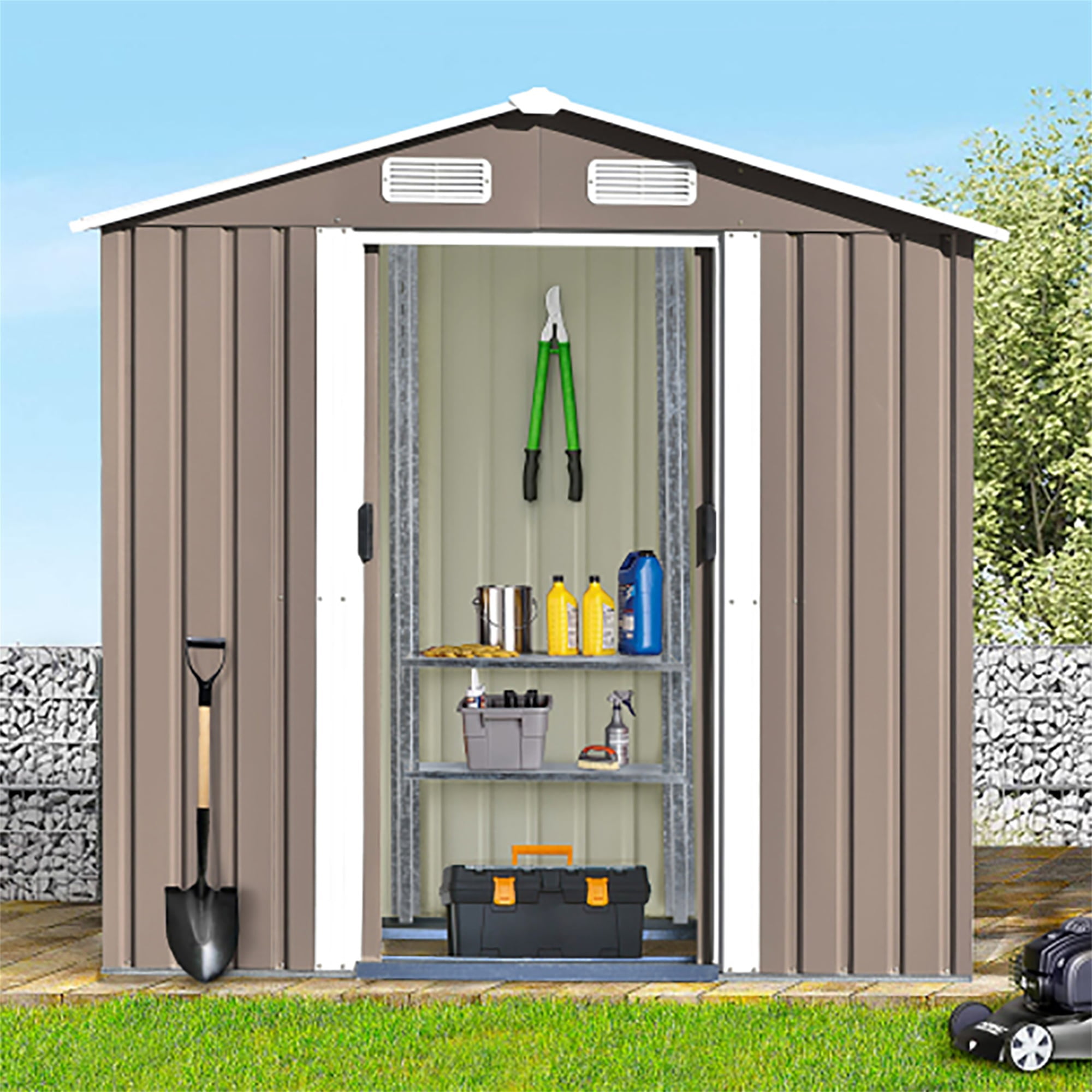 Kadyn Outdoor Storage Shed, Bike Shed Garden Shed, Metal Storage Shed, Tool Cabinet with Vents and Base, Great for Storing Patio Furniture, Garden Tools, Brown Kadyn Outdoor Storage Shed, Bike Shed Garden Shed, Metal Storage Shed, Tool Cabinet with Vents and Base, Great for Storing Patio Furniture, Garden Tools, Brown