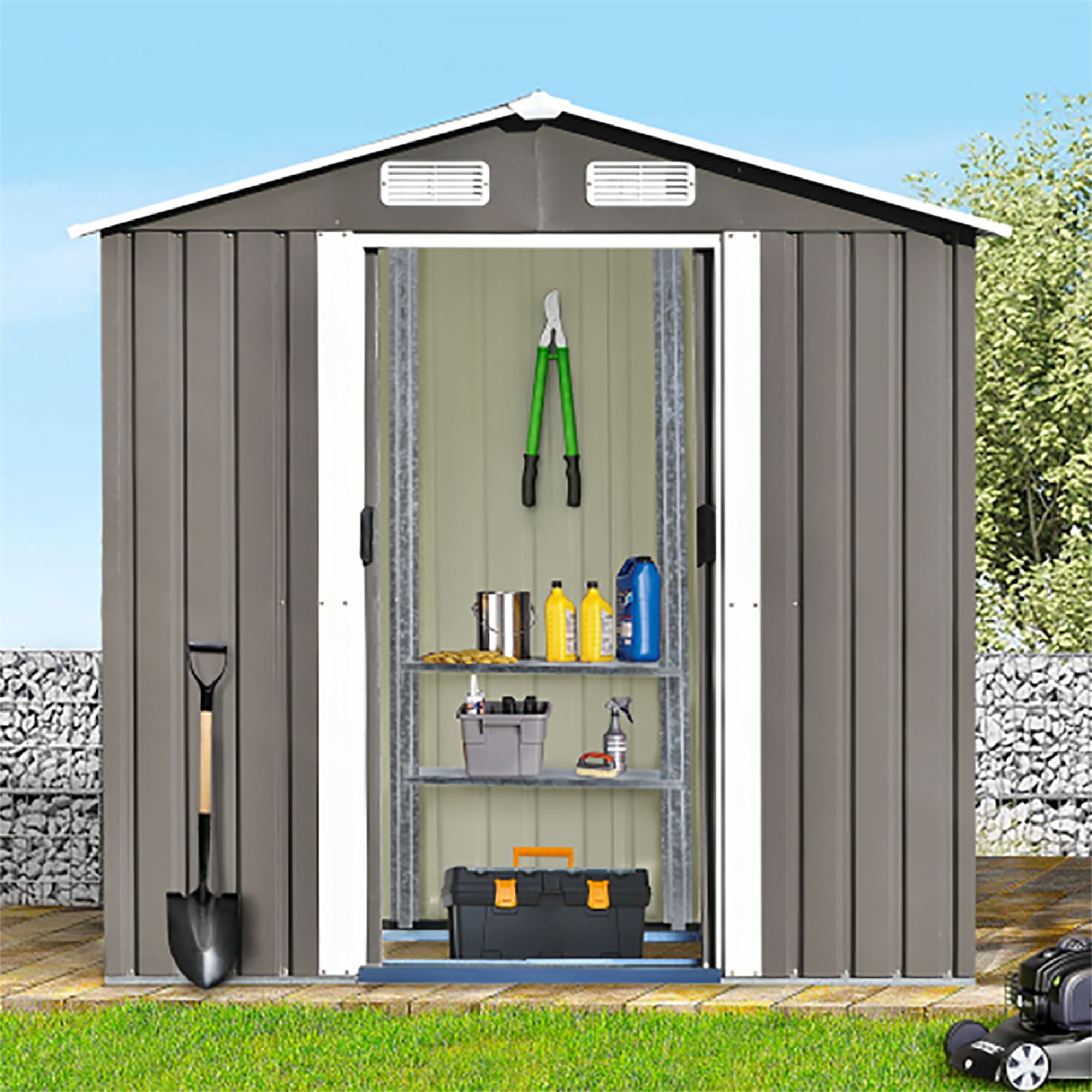 Kadyn Outdoor Storage Shed, Bike Shed Garden Shed, Metal Storage Shed, Tool Cabinet with Vents and Base, Great for Storing Patio Furniture, Garden Tools, Gray Kadyn Outdoor Storage Shed, Bike Shed Garden Shed, Metal Storage Shed, Tool Cabinet with Vents and Base, Great for Storing Patio Furniture, Garden Tools, Gray