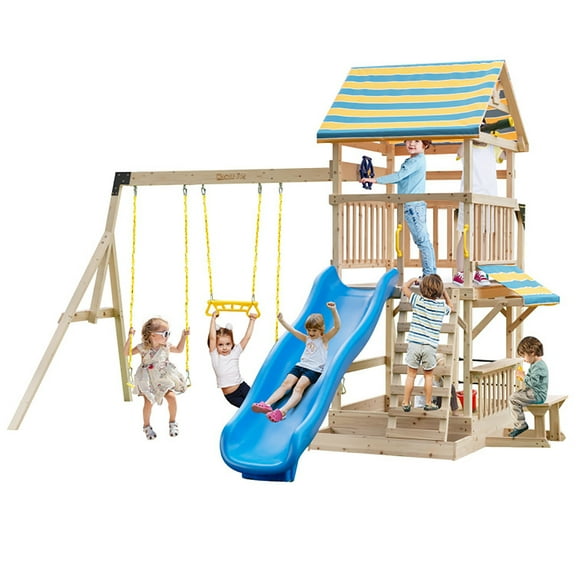 Kadyn Outdoor Swing, Hanging Swing Bench Chair, Wooden Swing Set with Large Upper Deck Slide and Steering Wheel