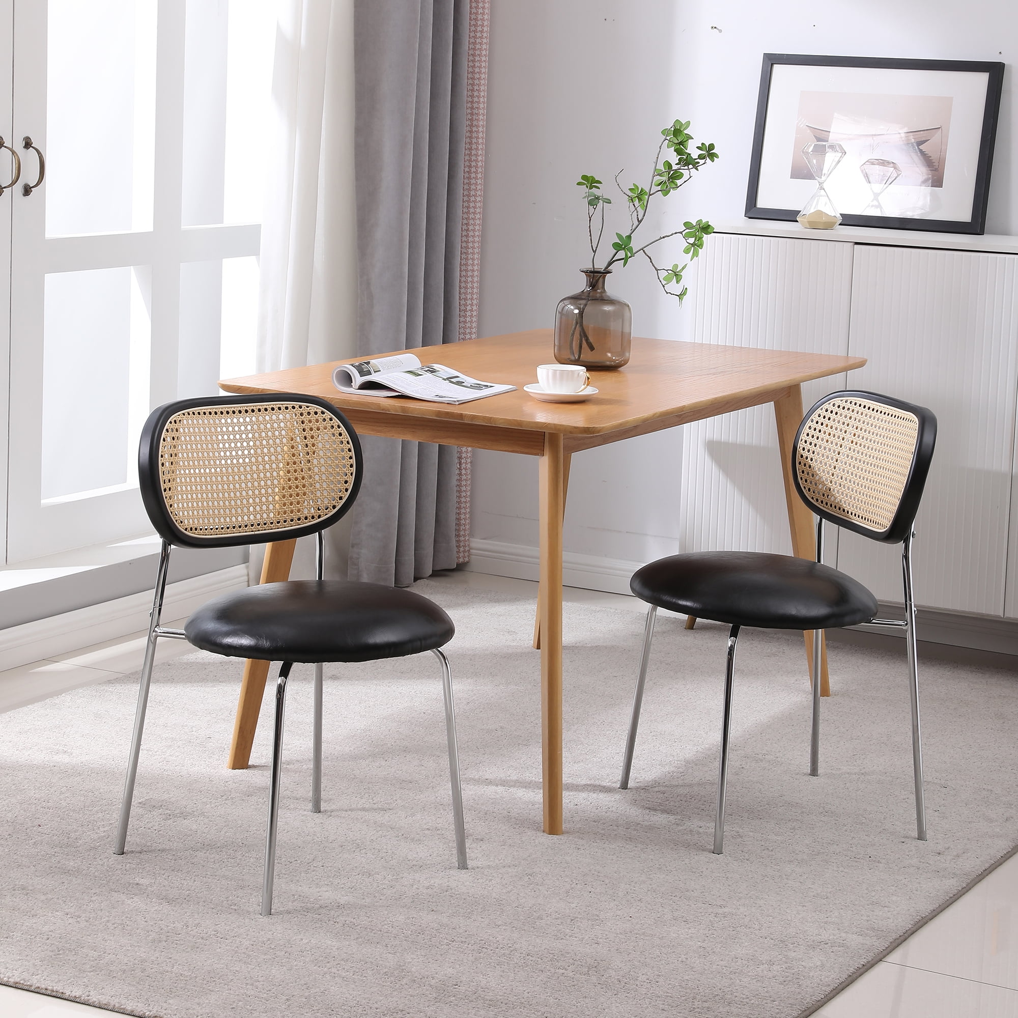 Kadyn PU 2pcs Dining Room Chairs with Rattan Backrest for Kitchen, Black Kitchen Chairs Kadyn PU 2pcs Dining Room Chairs with Rattan Backrest for Kitchen, Black Kitchen Chairs