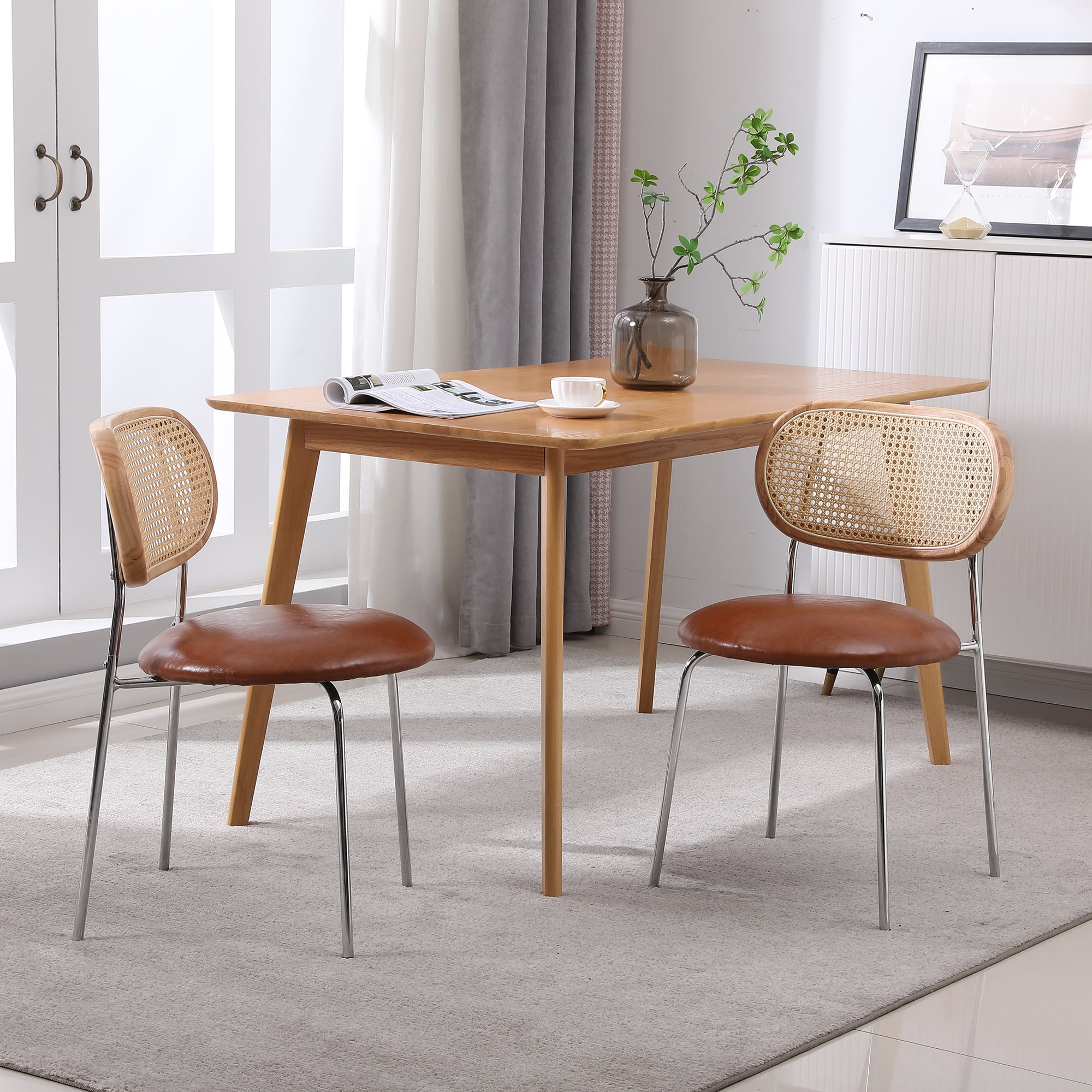 Kadyn PU 2pcs Dining Room Chairs with Rattan Backrest for Kitchen, Brown Kitchen Chairs Kadyn PU 2pcs Dining Room Chairs with Rattan Backrest for Kitchen, Brown Kitchen Chairs