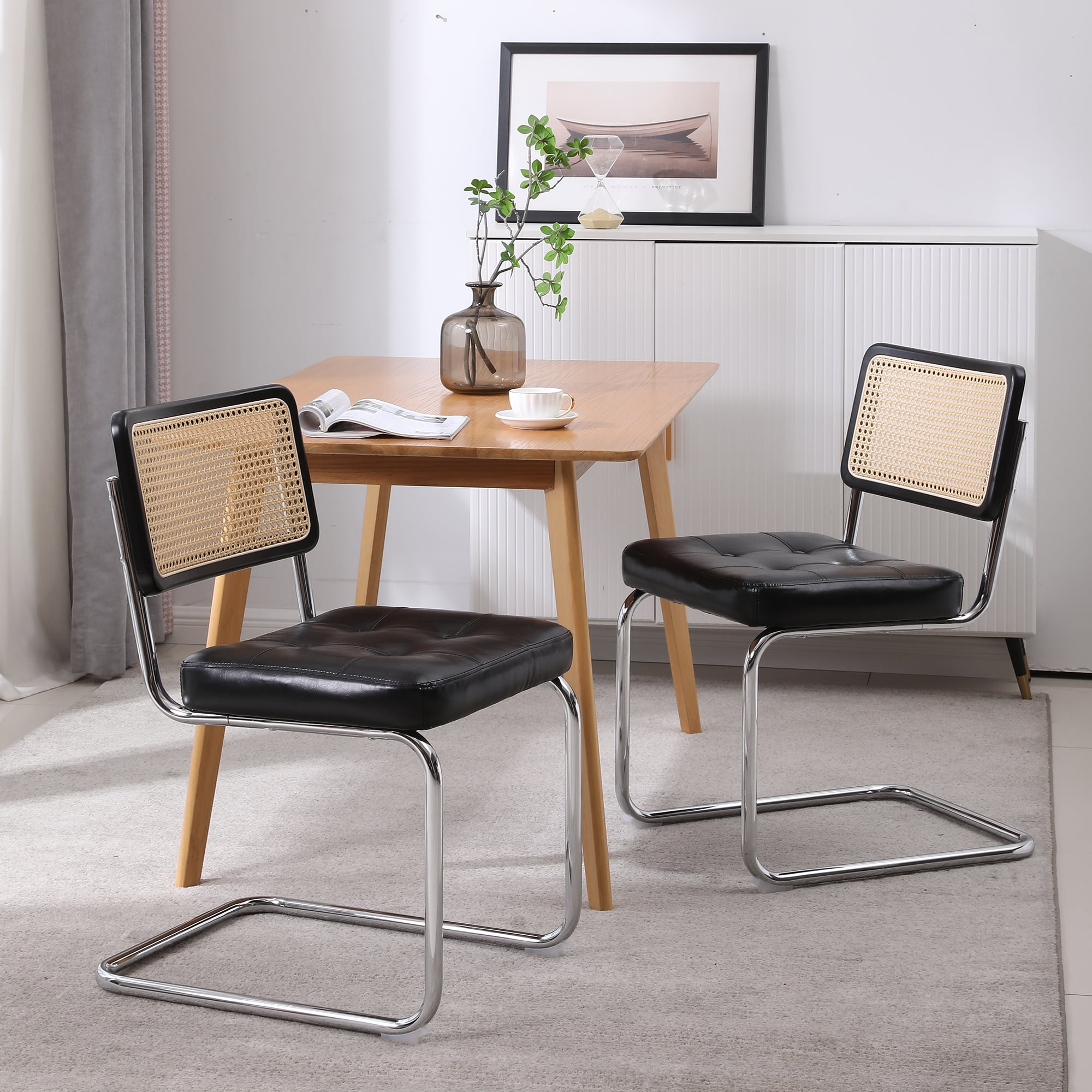 Kadyn PU Dining Chair Set of 2, Kitchen Chairs with Rattan Backrest for Living Room, Black Kadyn PU Dining Chair Set of 2, Kitchen Chairs with Rattan Backrest for Living Room, Black