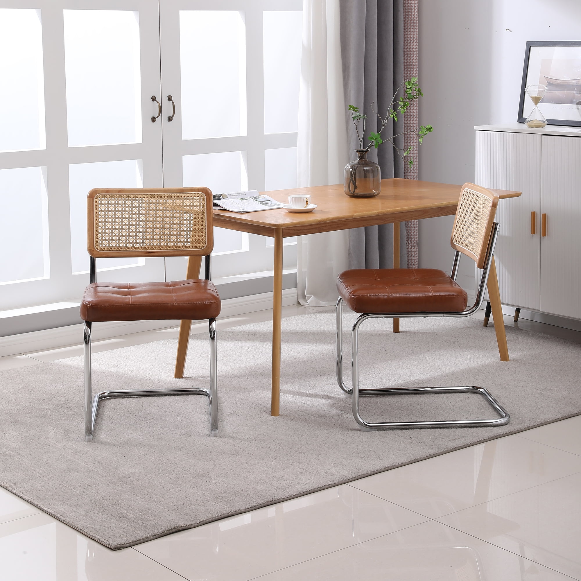 Kadyn PU Dining Chair Set of 2, Kitchen Chairs with Rattan Backrest for Living Room, Brown Kadyn PU Dining Chair Set of 2, Kitchen Chairs with Rattan Backrest for Living Room, Brown