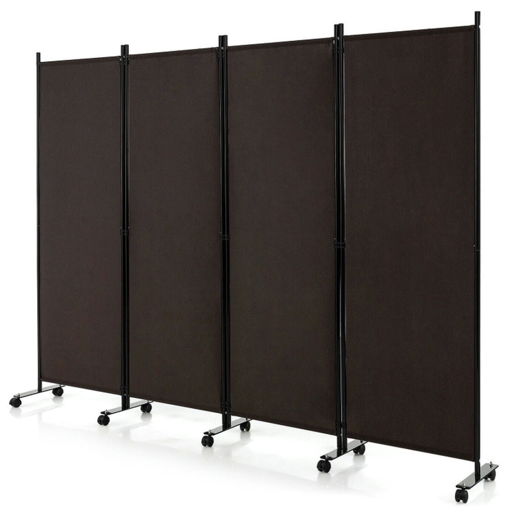 Brown Metal and Polyester 4-Panel Folding Room Divider with Wheels