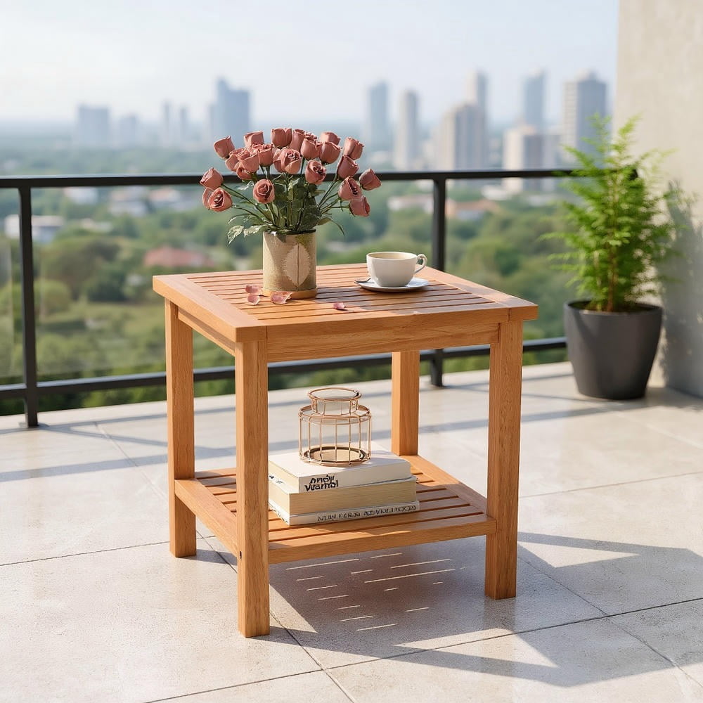 Kadyn Patio Acacia Wood Side Table Outdoor Accent Table with Slatted Tabletop Storage Shelf for Backyard Balcony Garden Patio Furniture, Natural