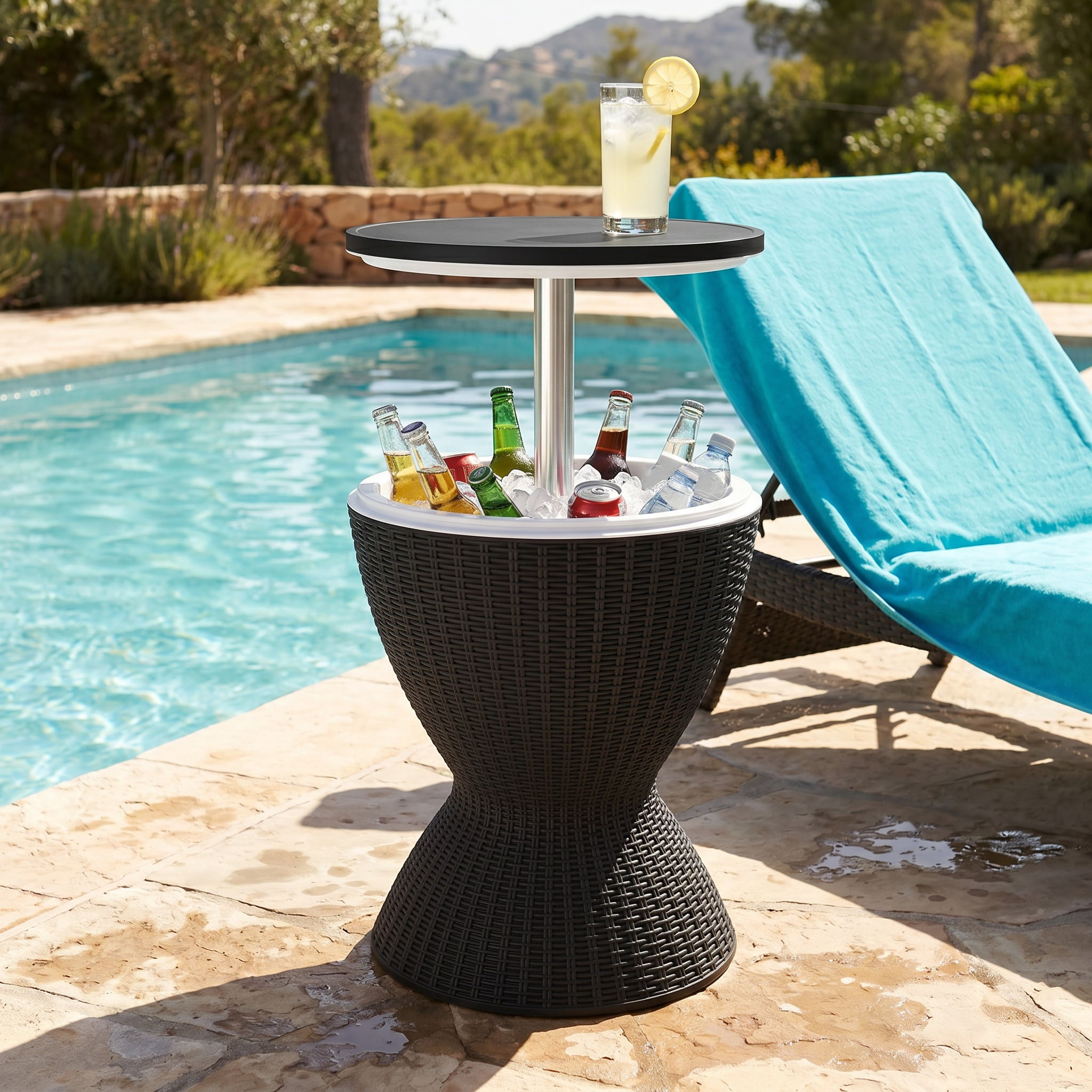 Kadyn Patio Bar Furniture,Outdoor Patio Furniture,3 in 1 8 Gallon Patio Rattan Cooler Bar Table with Adjust Ice Bucket-Black