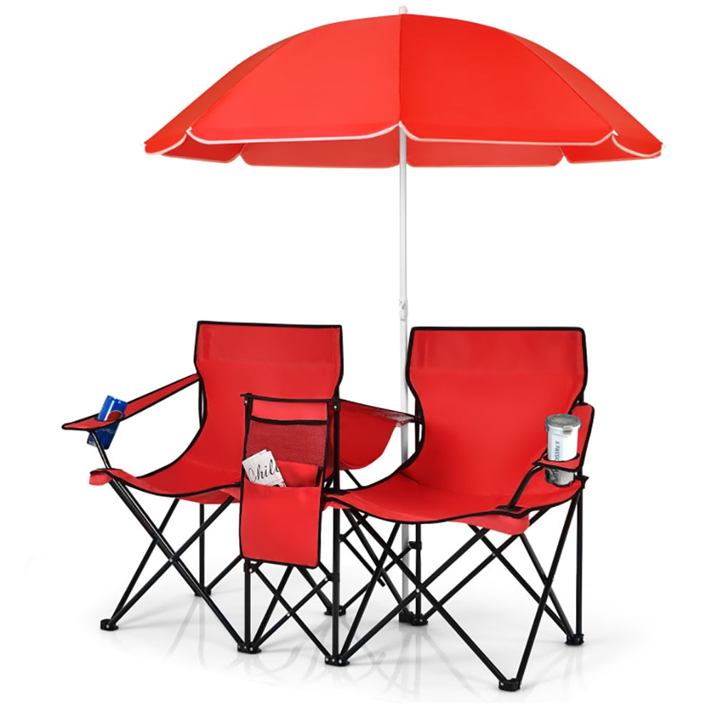 Kadyn Patio Beach Chairs, Camping Chairs for Outdoors, Portable Folding Picnic Double Chair With Umbrella-Red