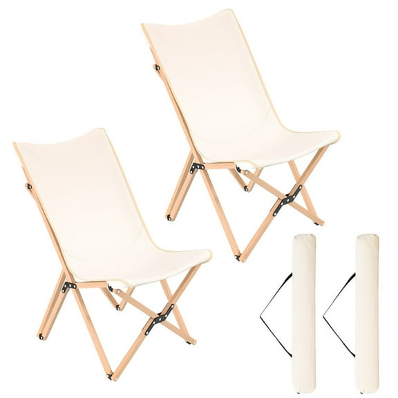 Kadyn Patio Beach Chairs, Camping Chairs for Outdoors, Set of 2 Bamboo Dorm Chair with Storage Pocket for Camping and Fishing-Beige