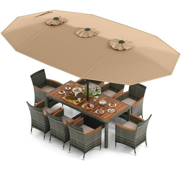Kadyn Patio Dining Set, Patio Furniture Set,10 Pieces Patio Wicker Dining Set with 15 Feet Double-Sided Patio Umbrella-Brown