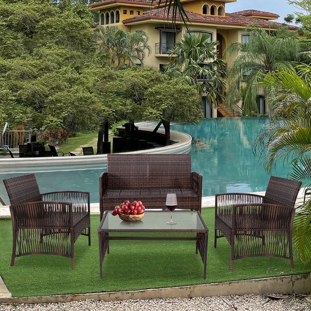 Kadyn Patio Furniture 4 Pieces Conversation Sets, Conversation Set with Rattan Chairs, loveseat and Glass Coffee Table, Rattan Outdoor Conversation Set for Porch, Brown Kadyn Patio Furniture 4 Pieces Conversation Sets, Conversation Set with Rattan Chairs, loveseat and Glass Coffee Table, Rattan Outdoor Conversation Set for Porch, Brown
