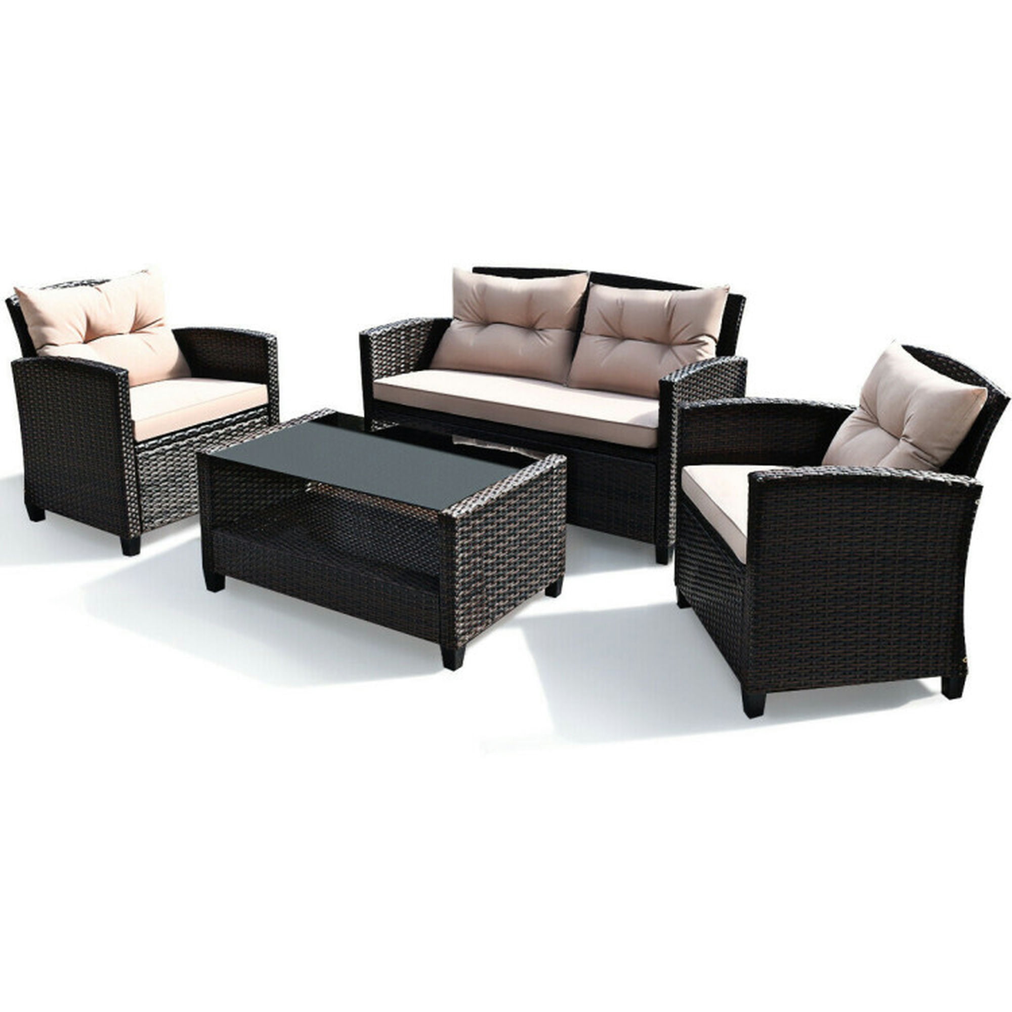 Kadyn Patio Furniture Set, 4 Pieces Patio Rattan Conversation Furniture Set with Glass Top Coffee Table, Beige Kadyn Patio Furniture Set, 4 Pieces Patio Rattan Conversation Furniture Set with Glass Top Coffee Table, Beige