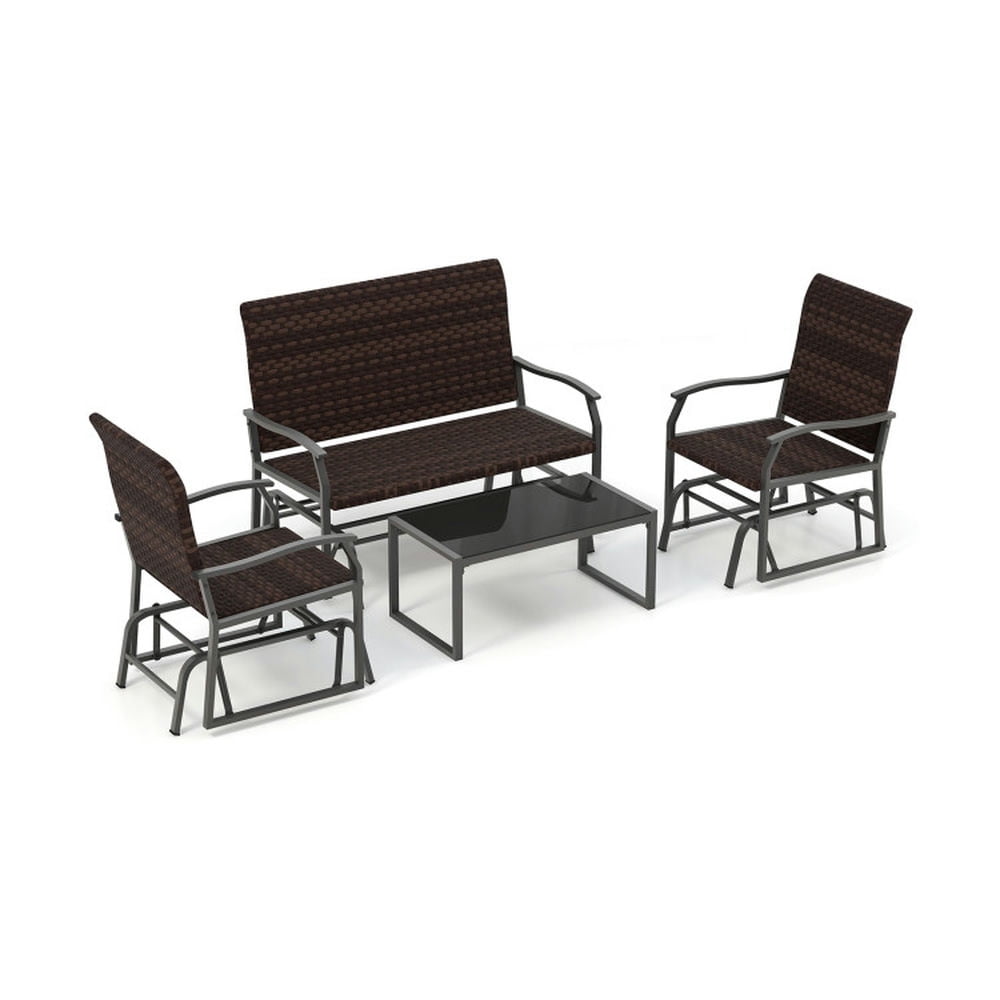 Mix Brown PE Rattan 4-Piece Patio Gliding Set with Tempered Glass Coffee Table