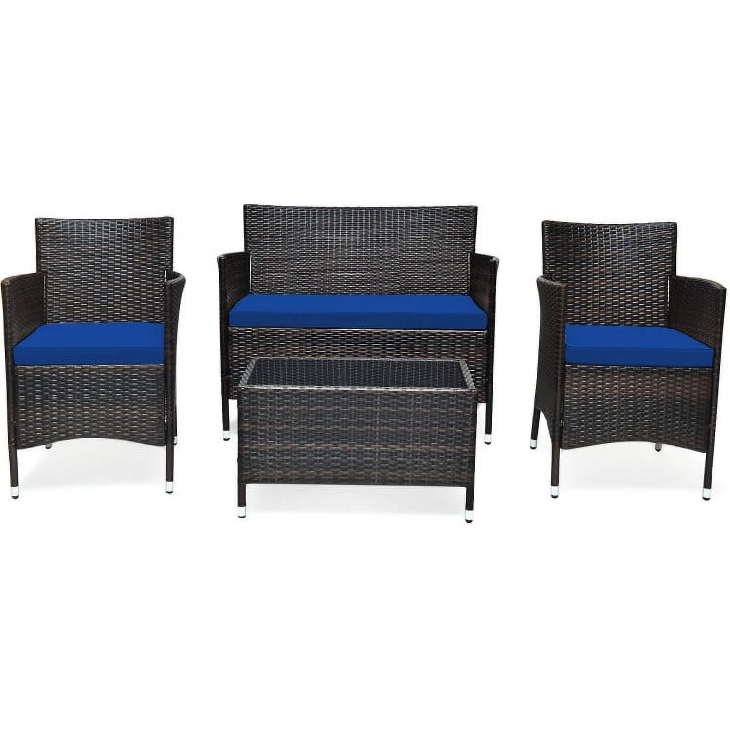 4-Piece Brown Steel Rattan Patio Set with Navy Cushions
