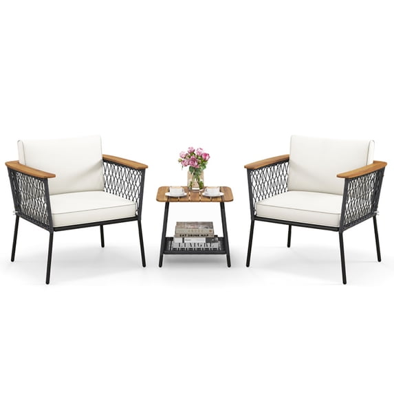 Kadyn Patio Furniture Sets,Outdoor Conversation Sets,3 Piece Patio Furniture Set Rattan Chair Set with 2-Tier Coffee Table-White