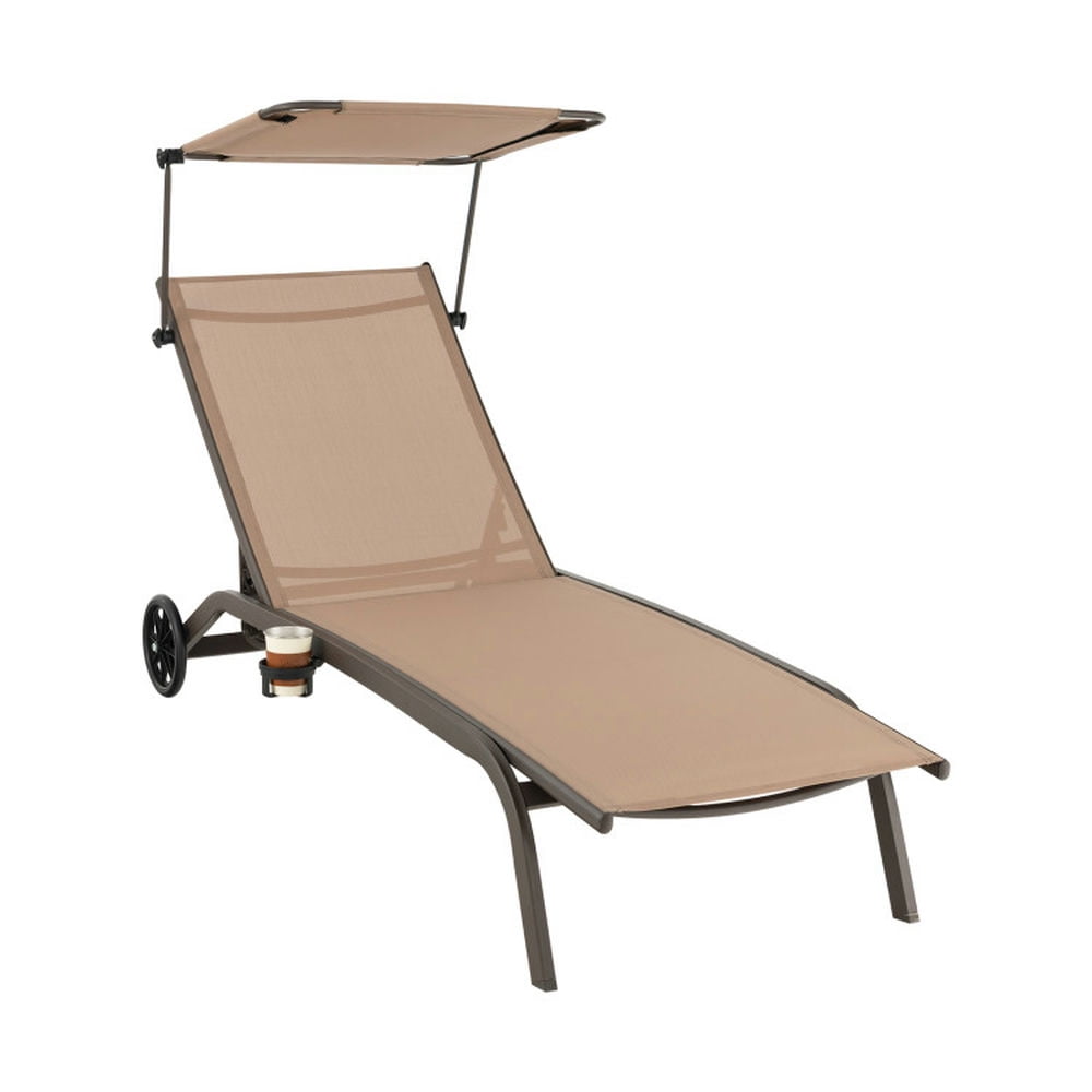 Brown Adjustable Metal Patio Chaise Lounge Chair with Canopy and Cup Holder