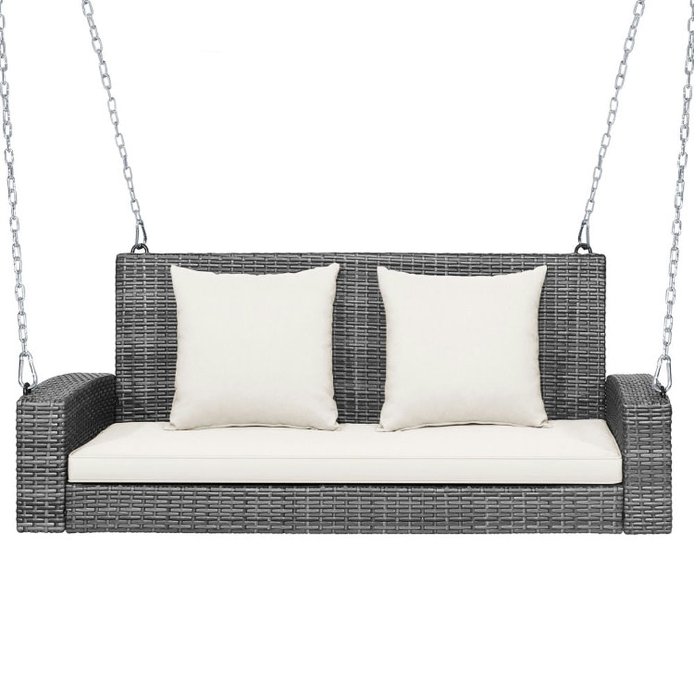 Gray Steel Frame Porch Swing with White Cushions