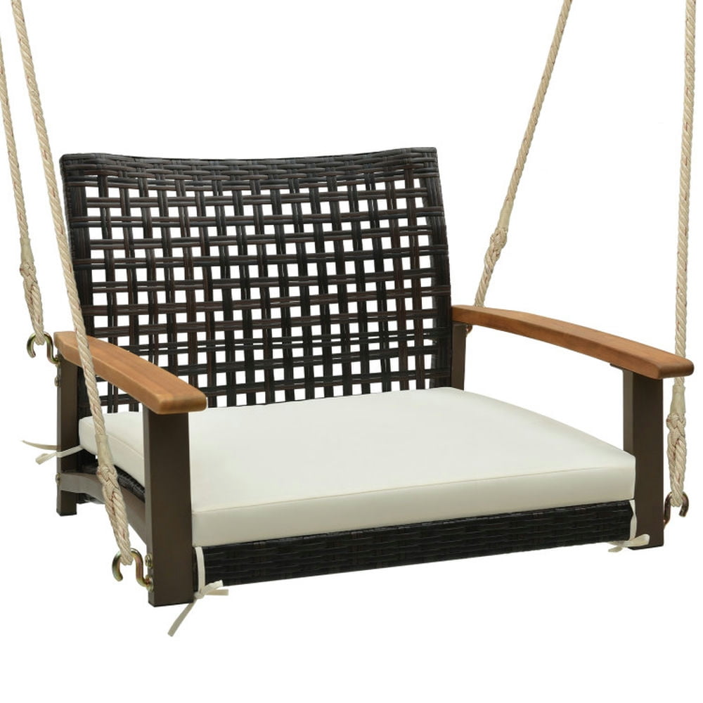 Single Off-White Rattan Porch Swing with Acacia Wood Armrests