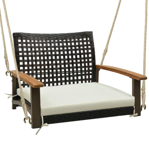Kadyn Patio Swings for Porch,Comfortable Porch Swings,Single Rattan Porch Swing with Armrests Cushion and Hanging Ropes-White