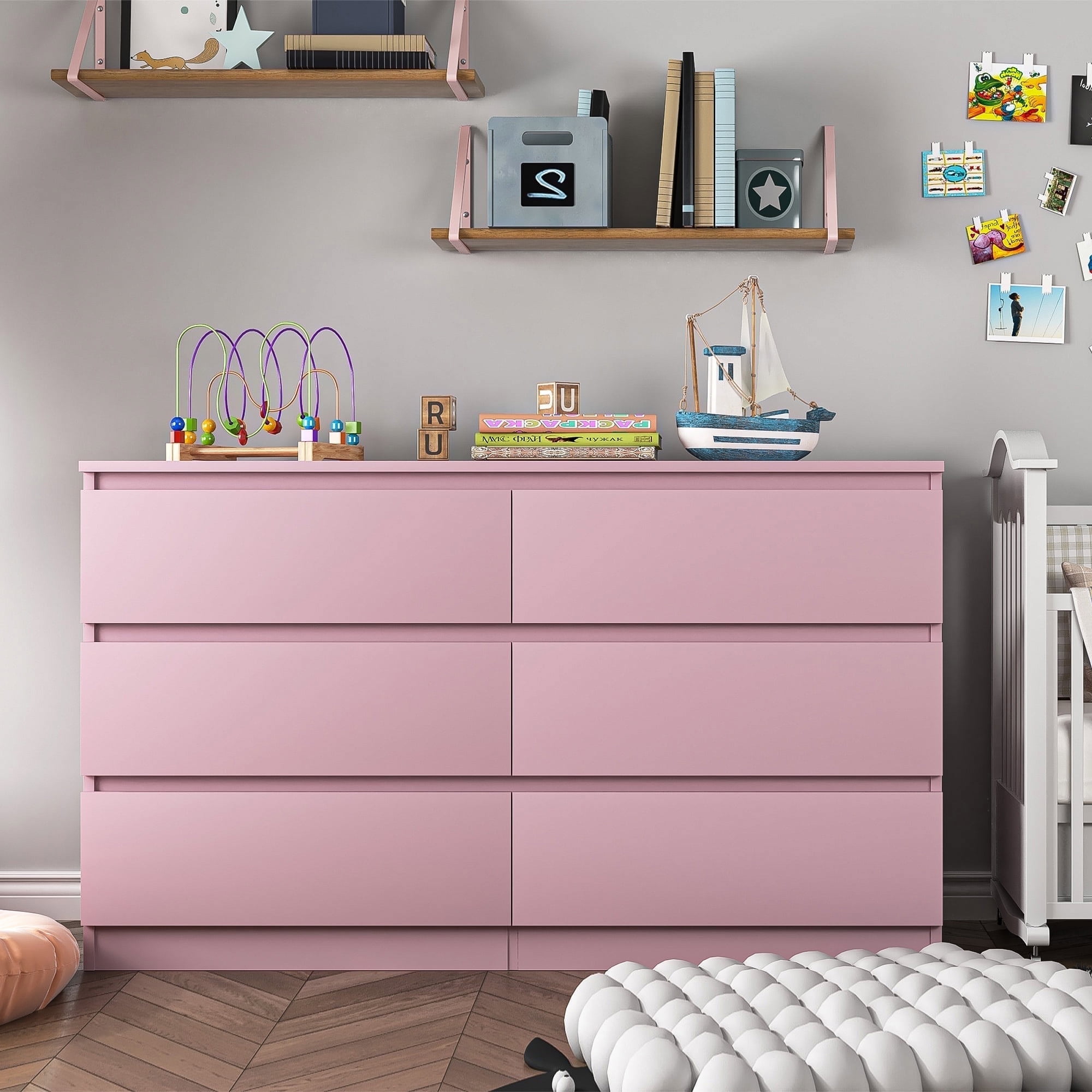 Kadyn Pink Chest of Drawer, 6 Double Drawer Dresser for Bedroom, Modern Storage Cabinet for Living Room, Dresser