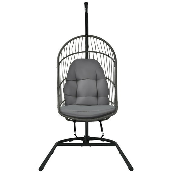 Kadyn Porch Swing Outdoor, 4 Person Wicker Hanging Bench, Lounger, Hanging Wicker Egg Chair with Stand -Gray
