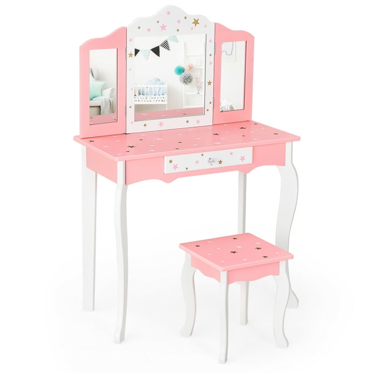 Kadyn Princess Makeup Table with Stool, Kids Princess Vanity Table and Stool Set with Tri-folding Mirror and Drawer, Bedroom Dressing Table for Kids, Pink