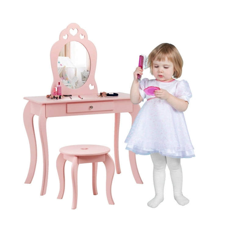Kadyn Princess Makeup Table with Stool, Vanity Desk with Mirror and Drawers, Bedroom Wood Dressing Table for Kids, Pink
