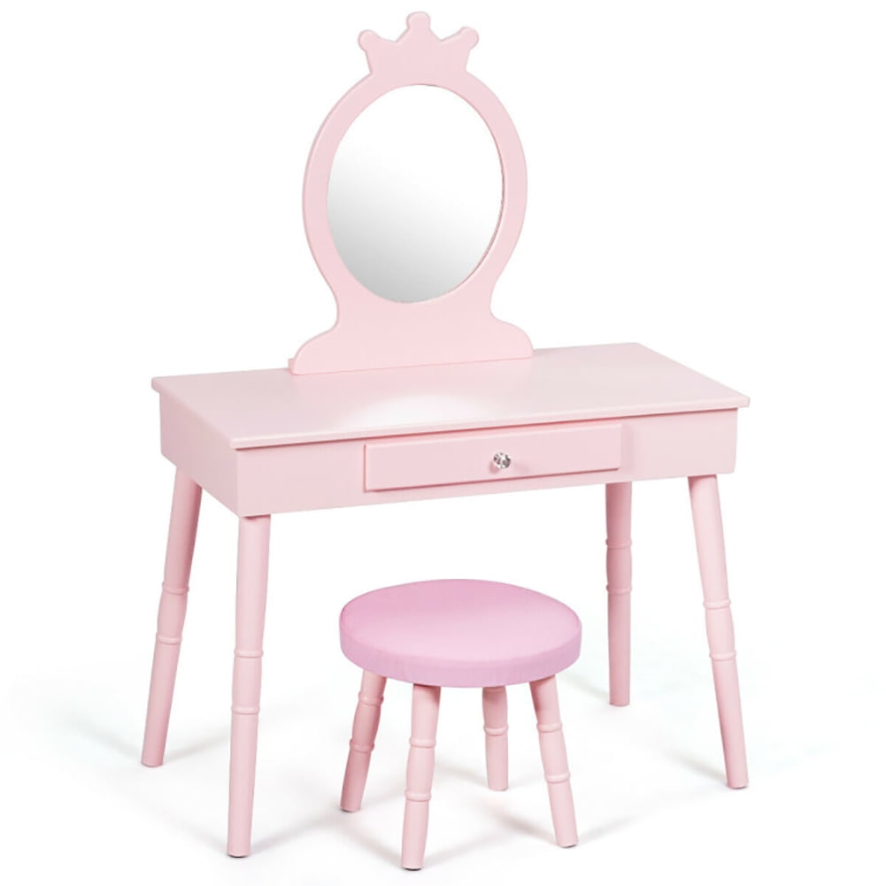 Kadyn Princess Makeup Table with Cushioned Stool, Vanity Desk with Mirror and Drawers, Bedroom Wood Dressing Table for Kids, Pink Kadyn Princess Makeup Table with Cushioned Stool, Vanity Desk with Mirror and Drawers, Bedroom Wood Dressing Table for Kids, Pink