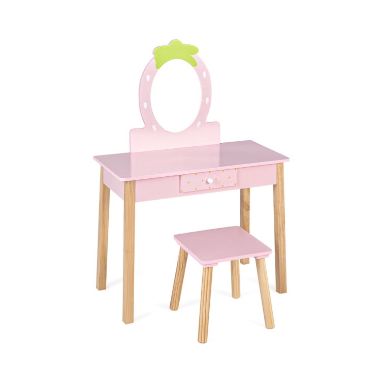 Kadyn Princess Makeup Table with Stool, 2-in-1 Children Vanity Table Stool Set with Mirror, Bedroom Dressing Table for Kids, Pink