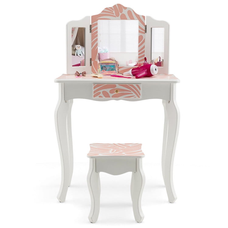 Kadyn Princess Makeup Table with Stool, 2-in-1 Kids Vanity Table Set with Tri-folding Mirror, Bedroom Dressing Table for Kids, Pink