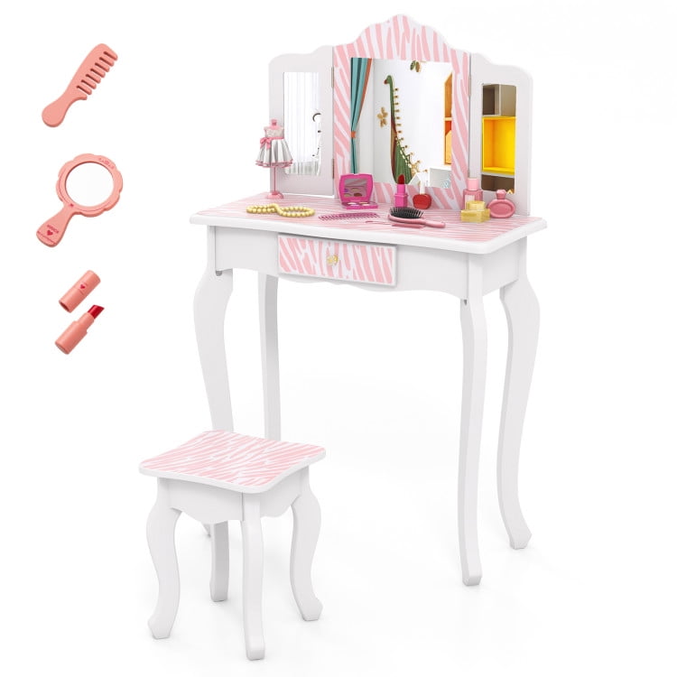 Kadyn Princess Makeup Table with Stool, Kids Vanity Set with Drawer and 3 Makeup Accessories, Bedroom Dressing Table for Kids, Pink