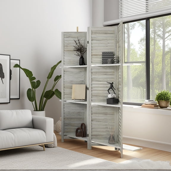 Kadyn Privacy Screens and Panels, 4 Panel 67" Tall Wood Privacy Screen Room Divider with 3 Shelves and Folding Storage, Distressed White