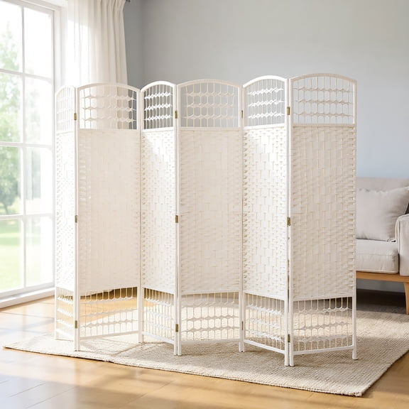 Kadyn Privacy Screens and Panels, 6 Panel Folding Room Divider Portable Privacy Screen Wave Fiber Room Partition, White