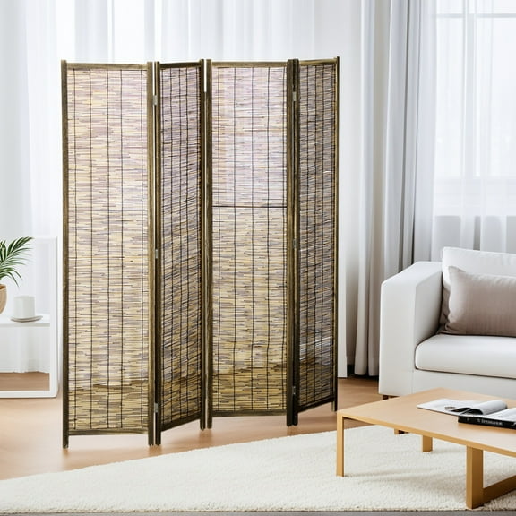 Kadyn Privacy Screens and Panels, Hand Woven Room Divider, 4 Panel Folding Privacy Screen, 63"x67"x0.75", Brown