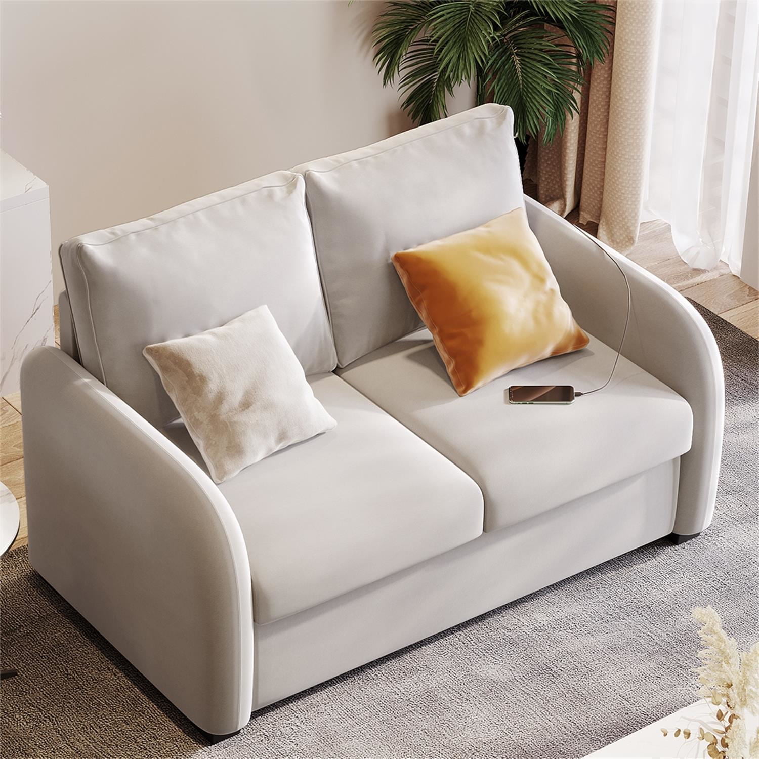 Kadyn Pull Out Sofa Bed, Loveseat Sleeper Sofa Bed with USB Charging Port and 3-pin Plug, Convertible Sofa Bed with Twin Size Mattress Pad, Beige Kadyn Pull Out Sofa Bed, Loveseat Sleeper Sofa Bed with USB Charging Port and 3-pin Plug, Convertible Sofa Bed with Twin Size Mattress Pad, Beige