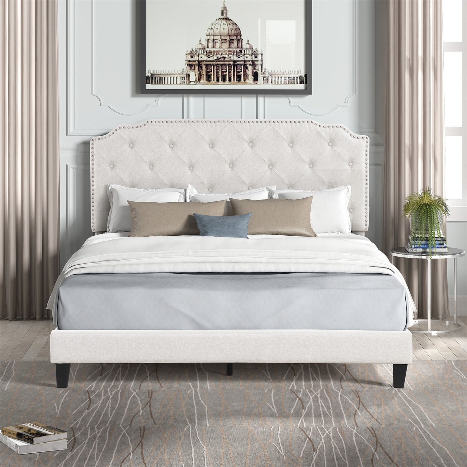 Kadyn Queen Bed Frame with Headboard, Queen Size Fabric Upholstered Platform Bed Frame, Mattress Foundation with Wooden Slats Support, No Box Spring Needed, Beige Kadyn Queen Bed Frame with Headboard, Queen Size Fabric Upholstered Platform Bed Frame, Mattress Foundation with Wooden Slats Support, No Box Spring Needed, Beige