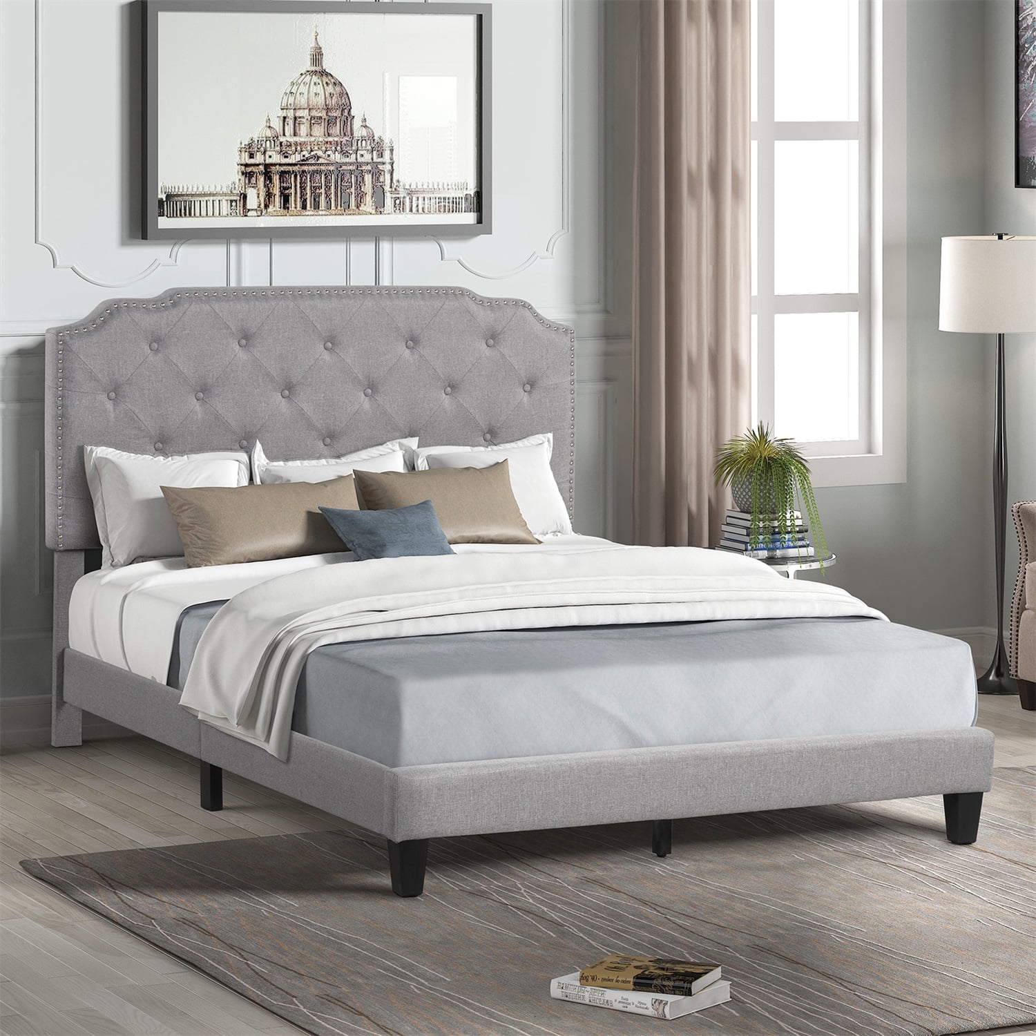 Kadyn Queen Bed Frame with Headboard, Queen Size Fabric Upholstered Platform Bed Frame, Mattress Foundation with Wooden Slats Support, No Box Spring Needed, Light Gray Kadyn Queen Bed Frame with Headboard, Queen Size Fabric Upholstered Platform Bed Frame, Mattress Foundation with Wooden Slats Support, No Box Spring Needed, Light Gray