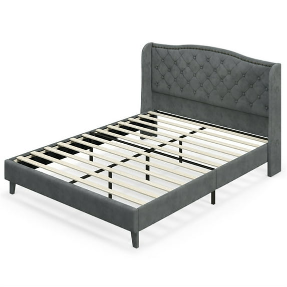 Kadyn Queen Bed Frame with Upholstered Headboard, Heavy Duty Metal Slats Support Mattress Foundation, No Box Spring Needed, Easy Assembly