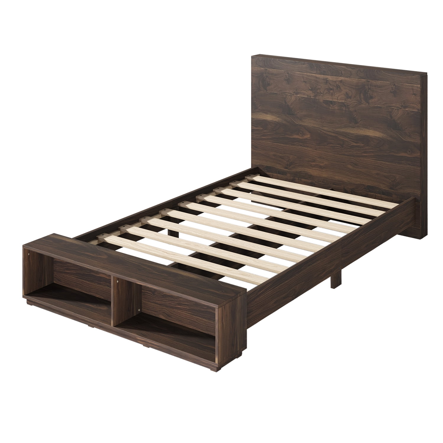 Kadyn Queen Size Wood Platform Bed, Wood Storage Queen Bed with Storage Bench in Walnut, Modern MDF Farmhouse bedstead for bedroom, Walnut Kadyn Queen Size Wood Platform Bed, Wood Storage Queen Bed with Storage Bench in Walnut, Modern MDF Farmhouse bedstead for bedroom, Walnut